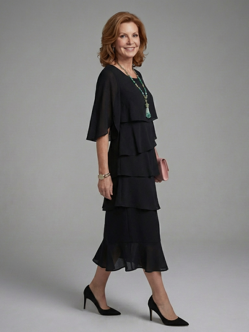 Hilana | Layered Cape Sleeve Midi Dress