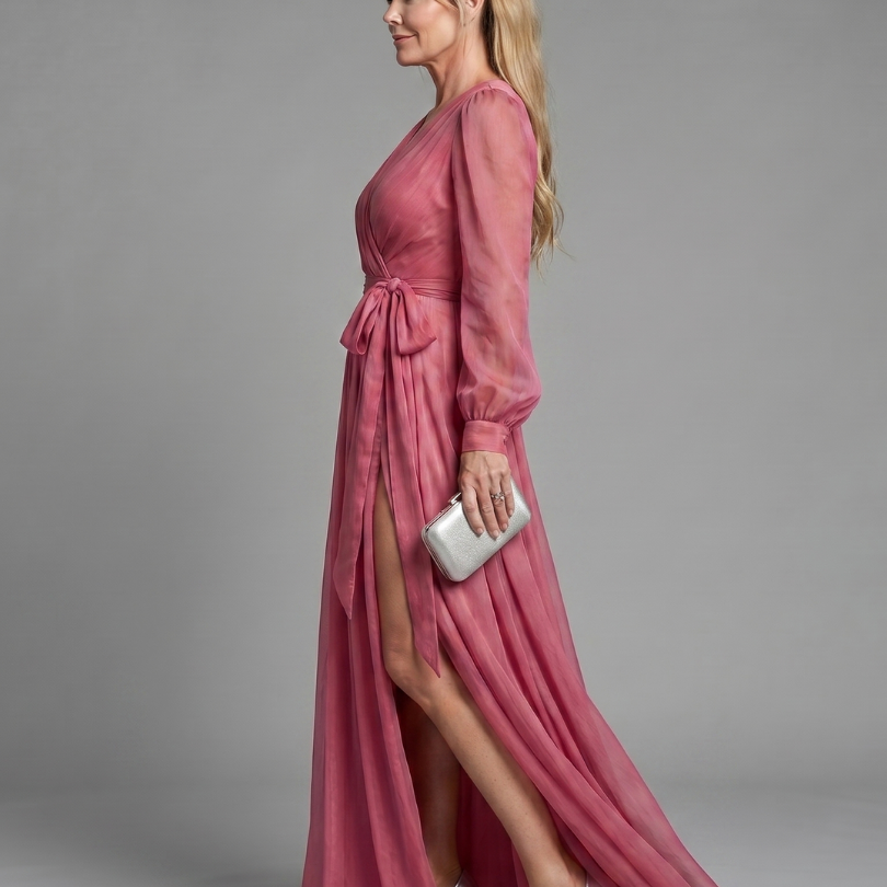 Vallyn | Long Sleeve Wrap Sheer Flowing Maxi Dress