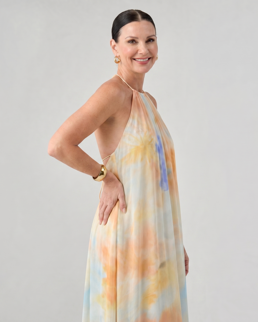 Larsette | Watercolor Halter Neck Flowing Maxi Dress