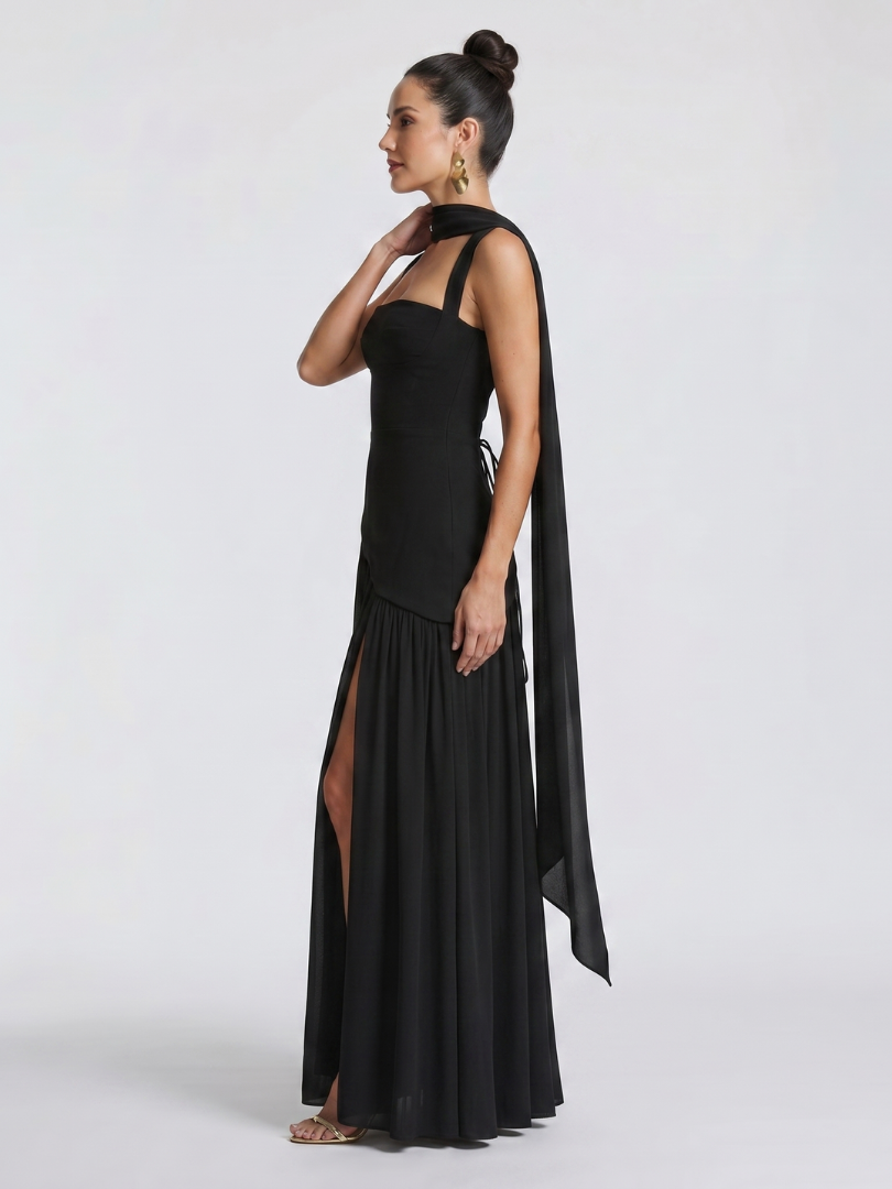 Fleurbelle | Cutout Neck Pleated Slit Maxi Dress