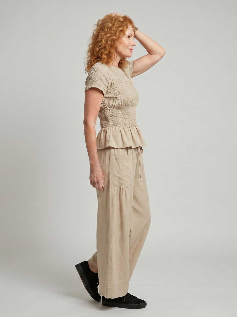 Selthea | Peplum Detail Smocked Top And Wide Leg Pants Set