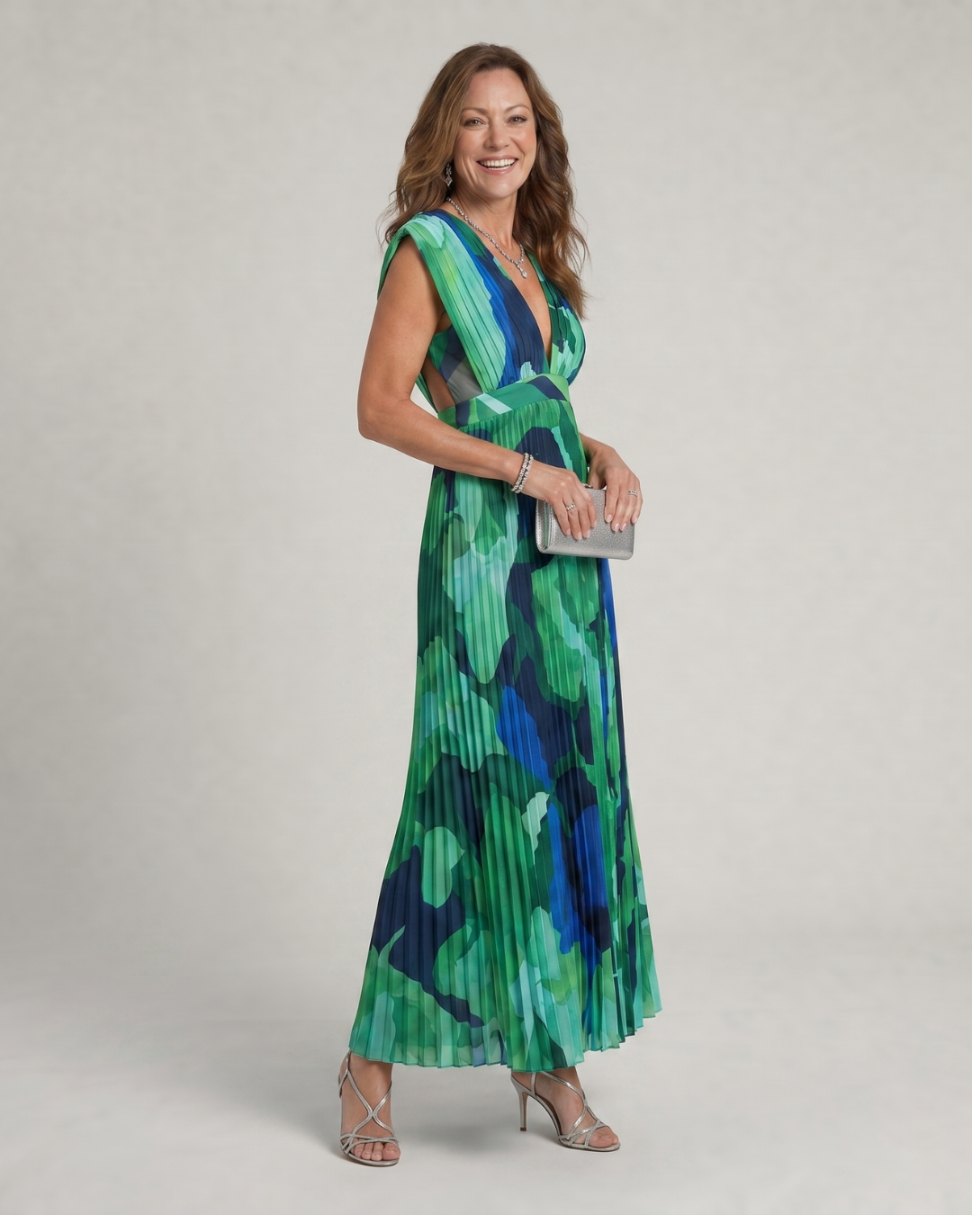 Jullyn | Abstract Pleated Cap Sleeve V Neck Midi Dress