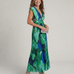 Jullyn | Abstract Pleated Cap Sleeve V Neck Midi Dress