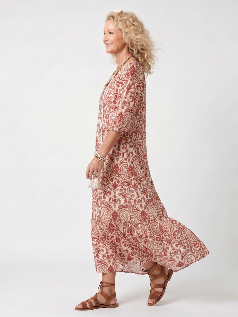 Penlette | Ornate Print Tassel Tie Midi Dress
