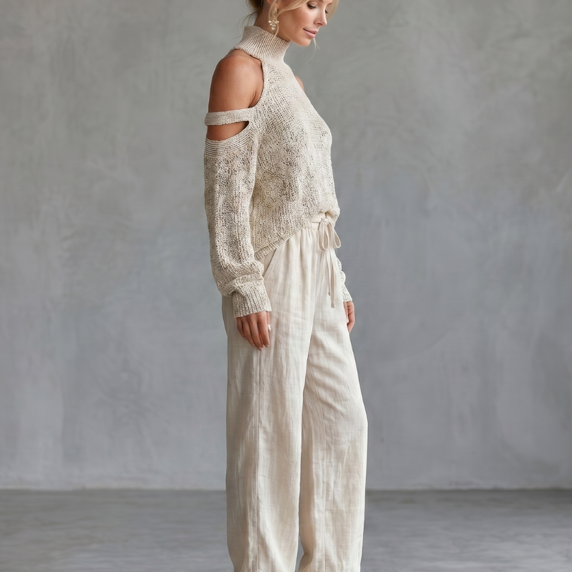 Dahlette | Open Shoulder Knit Top And Wide Leg Pants Set