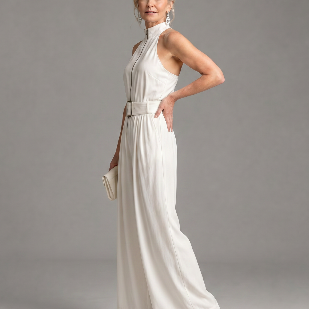 Frerina | Belted High Neck Wide Leg Sleeveless Jumpsuit
