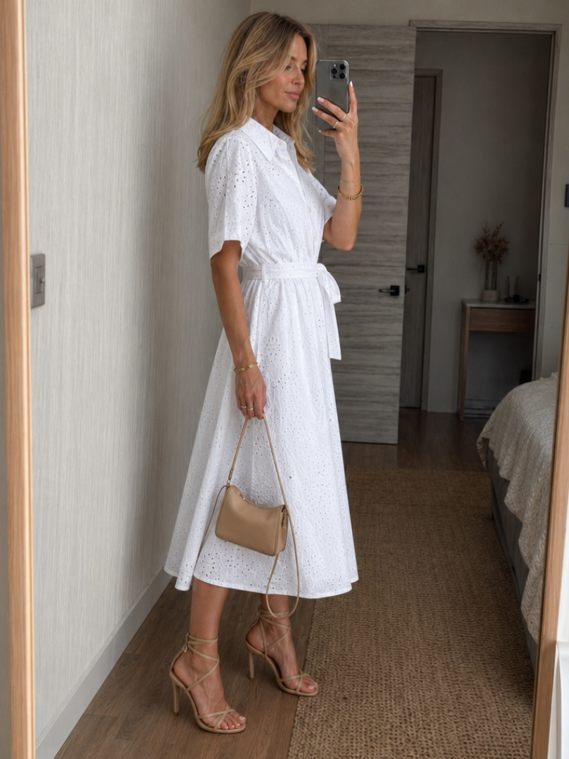 Thaldra | Short Sleeve Button Front Waist Tie Midi Dress