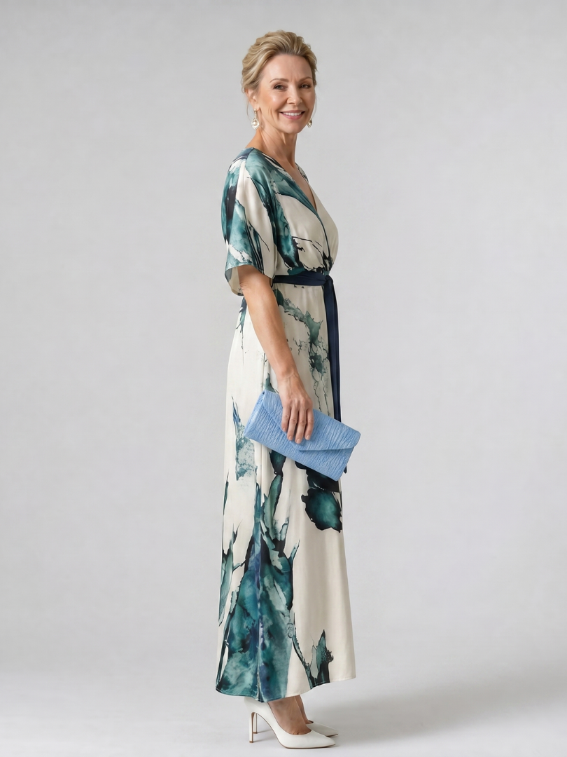 Verenarose | Abstract Belted Flutter Sleeve Maxi Dress