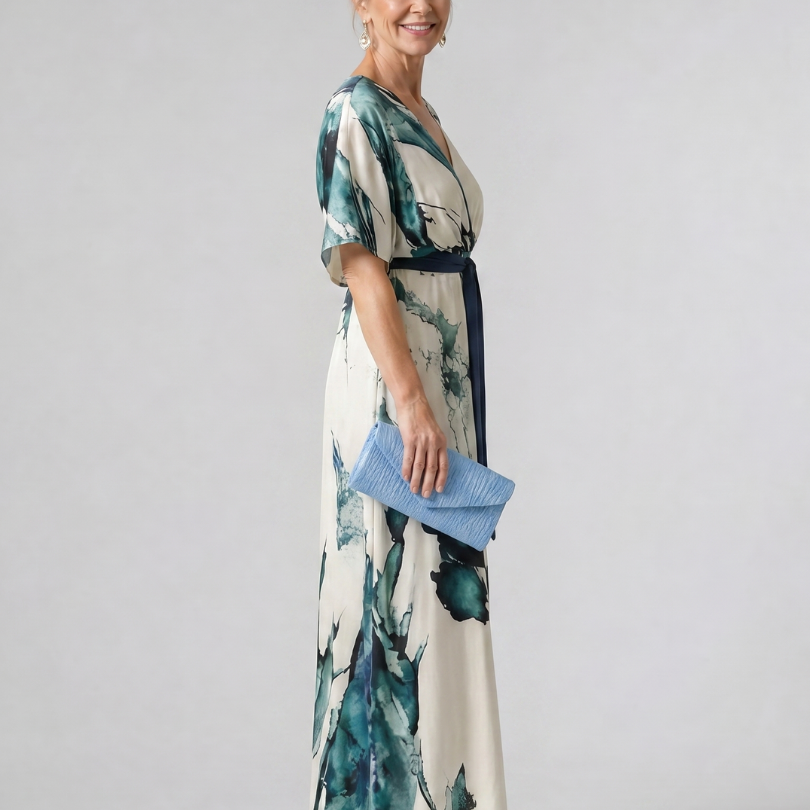 Verenarose | Abstract Belted Flutter Sleeve Maxi Dress