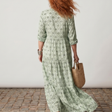 Teswen | Notch Neck Printed Long Sleeve Maxi Dress
