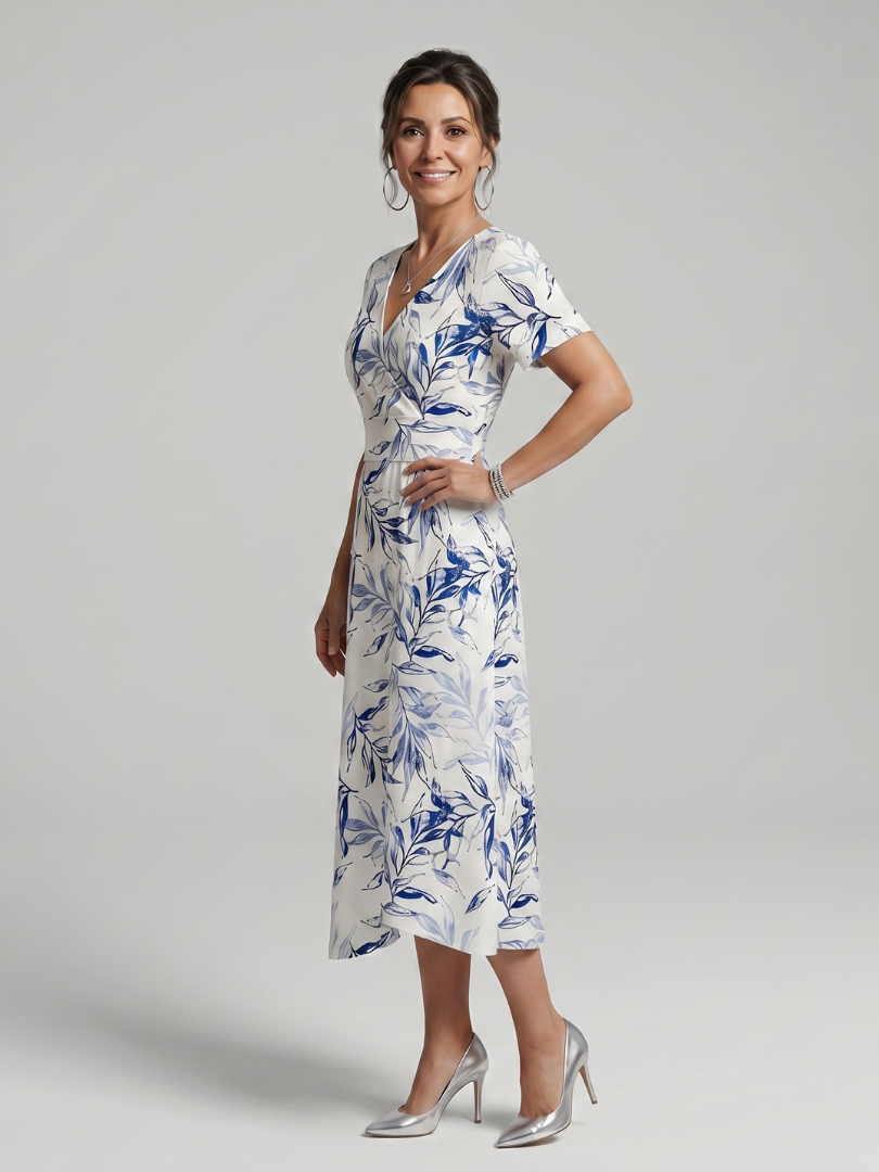 Sennamarie | V Neck Soft Botanical Print Midi Dress