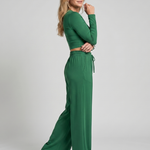 Lorlia | Long Sleeve Crew Neck Crop Top Pants Set