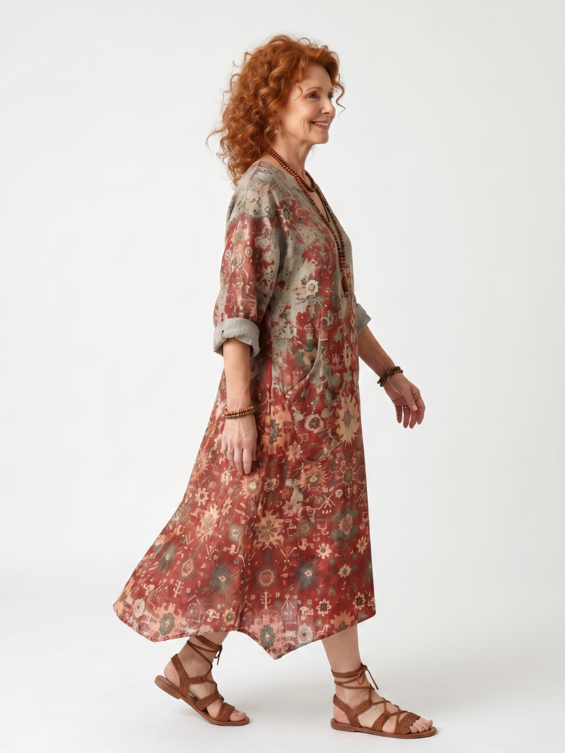 Lilawen | Mixed Pattern Relaxed Pocket Midi Dress