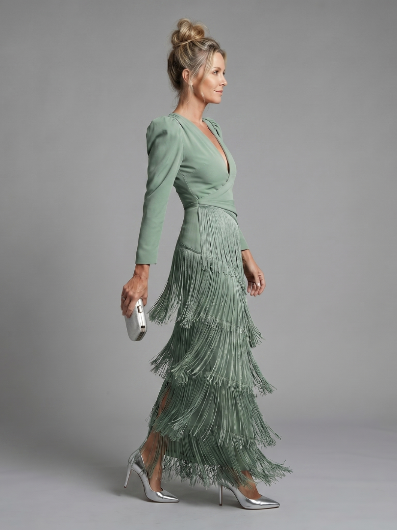 Milbeth | Long Sleeve Soft Fringe Skirt Midi Dress