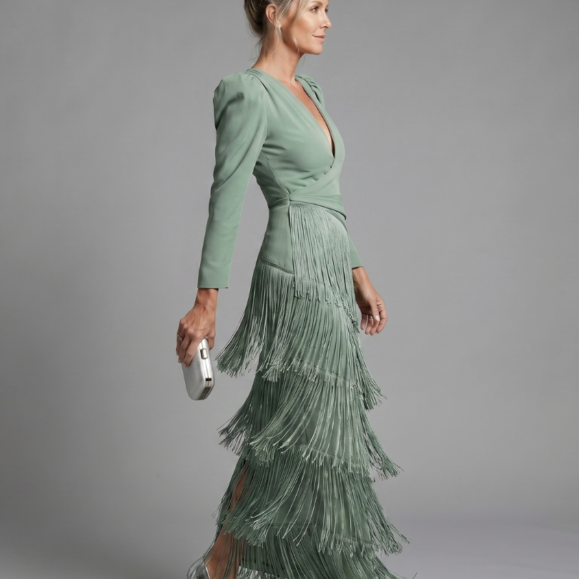 Milbeth | Long Sleeve Soft Fringe Skirt Midi Dress
