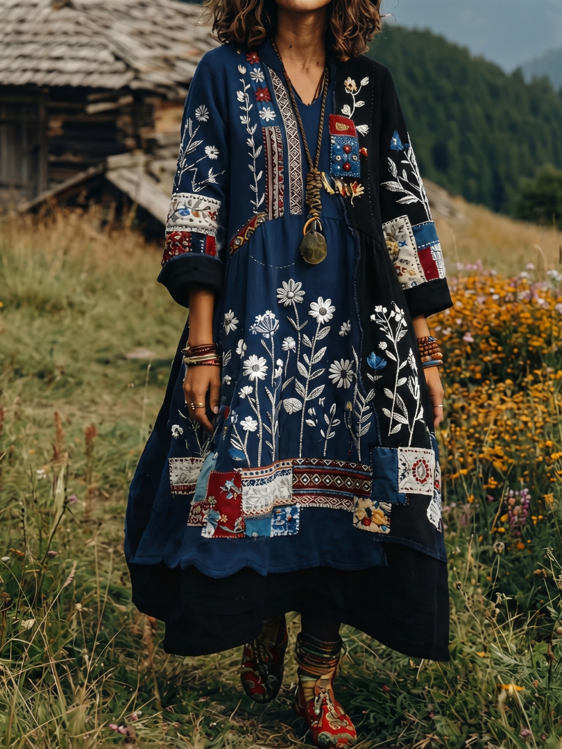 Fiodra | Embroidered Panel Long Sleeve Midi Dress