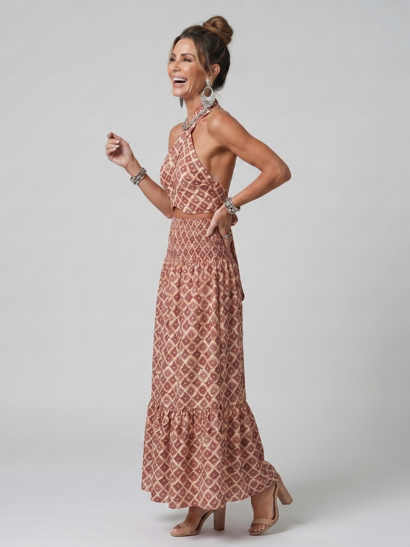 Vidarin | Cross Halter Geometric Print Cutout Midi Dress