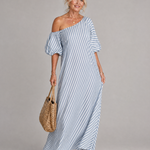 Faela | Striped Off Shoulder Puff Sleeve Midi Dress