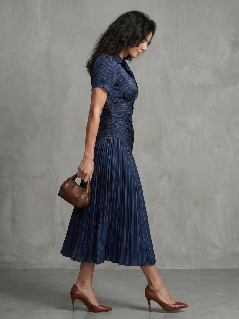 Mirna | Pleated Waistline Stripe Midi Dress