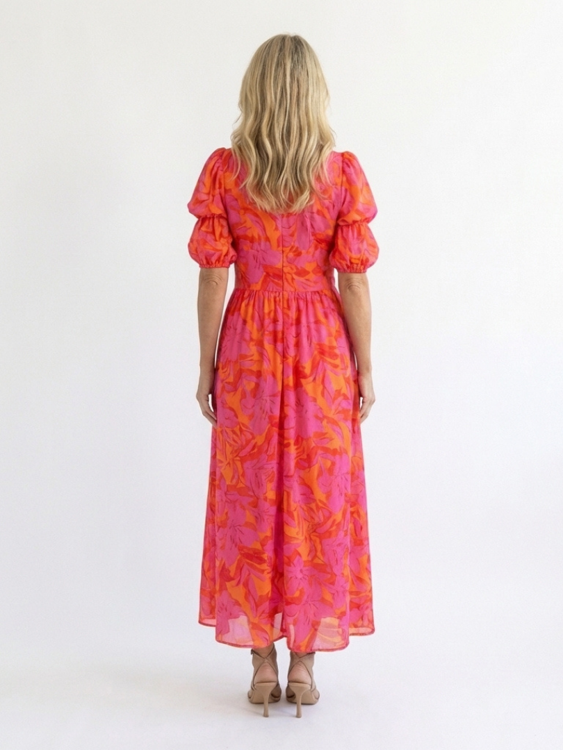 Gretasia | Floral V Neck Puff Sleeve Midi Dress
