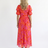 Gretasia | Floral V Neck Puff Sleeve Midi Dress