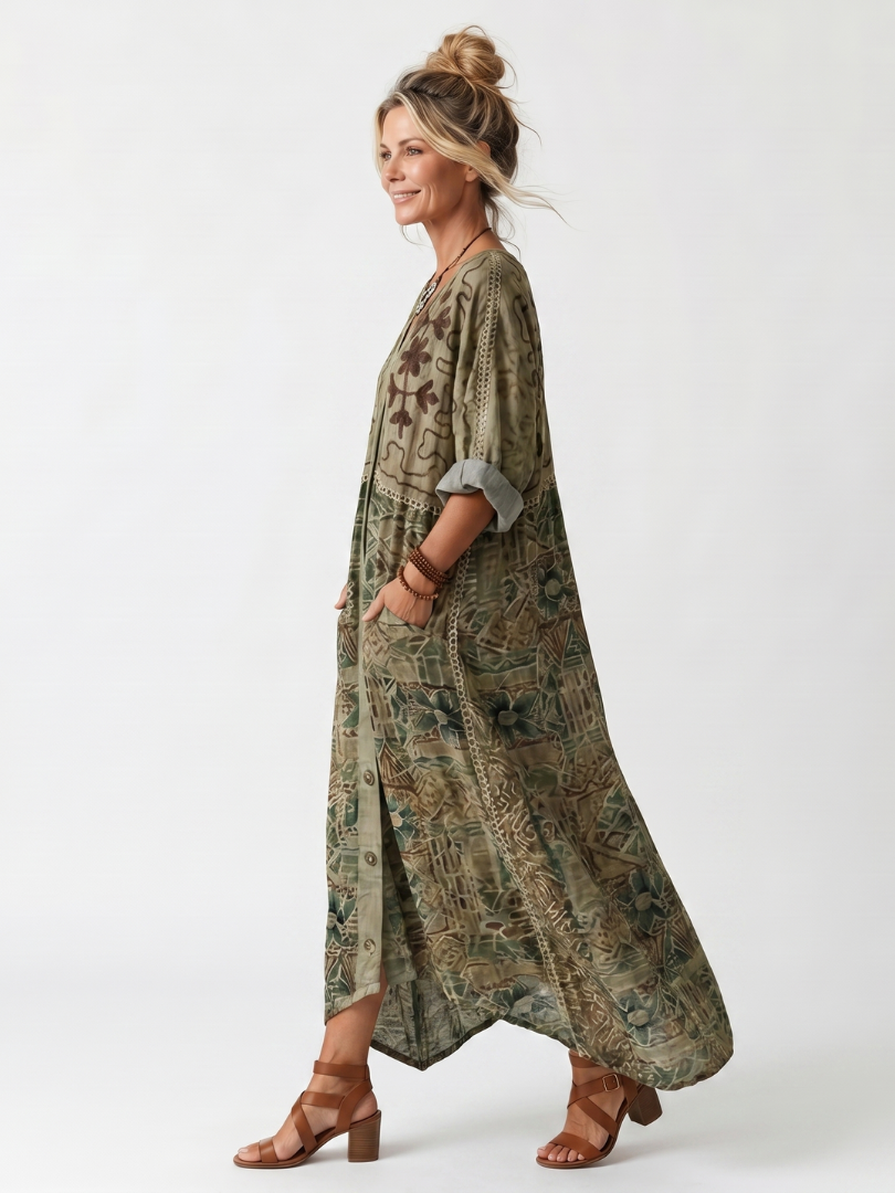 Wrennavia | Button Front Embroidered Oversized Pocket Midi Dress