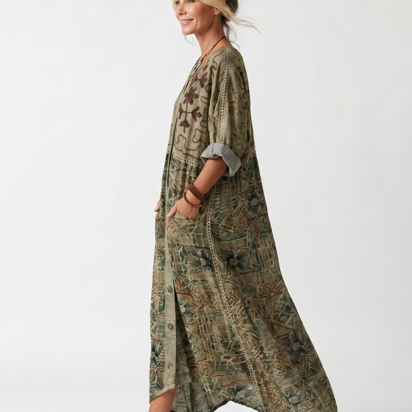 Wrennavia | Button Front Embroidered Oversized Pocket Midi Dress