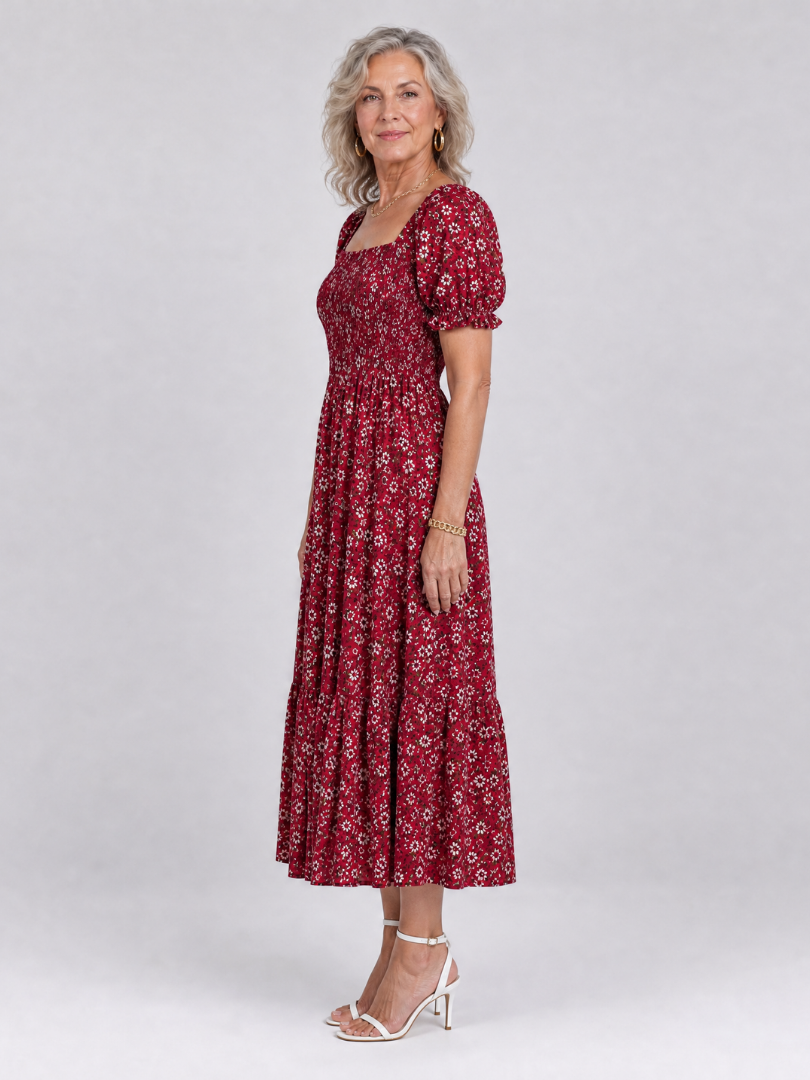 Serrina | Floral Smocked Square Neck Midi Dress