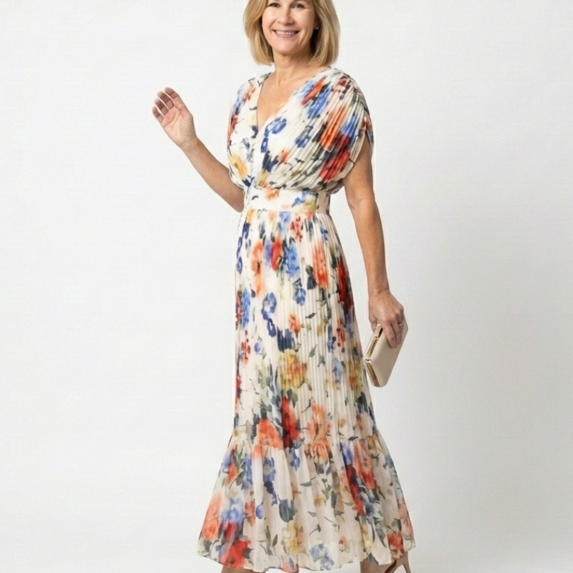 Elondra | Short Sleeve Pleated Floral Midi Dress
