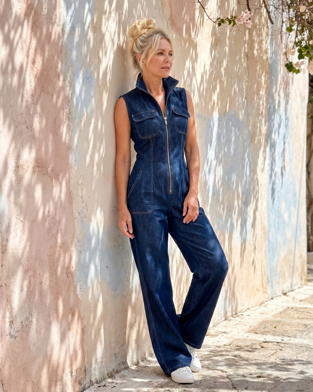 Vesda | Zip Front Sleeveless Denim Wide Leg Jumpsuit