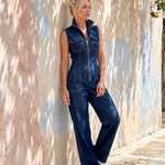 Vesda | Zip Front Sleeveless Denim Wide Leg Jumpsuit