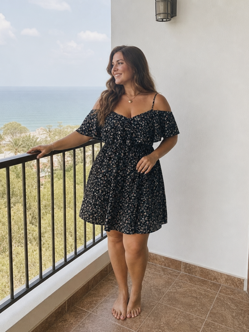 Lilana | Cold Shoulder Ruffle Overlay Knee Length Dress