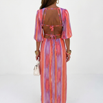 Isathea | Vertical Stripe Cutout Waist Midi Dress