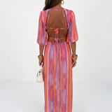 Isathea | Vertical Stripe Cutout Waist Midi Dress