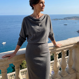 Saffwynne | Draped Neckline Fitted Skirt Midi Dress