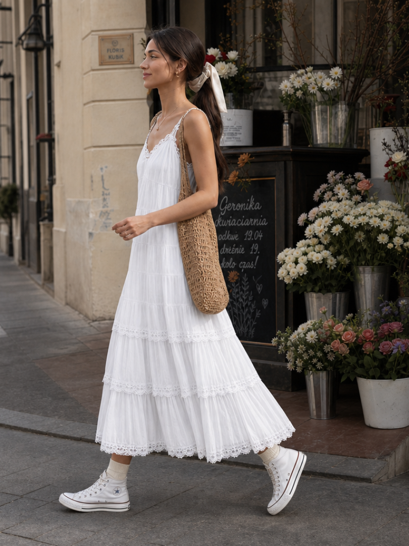 Celda | Spaghetti Strap Tiered Lace Layers Midi Dress