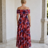 Sennia | Off Shoulder Watercolor Print Flowing Midi Dress