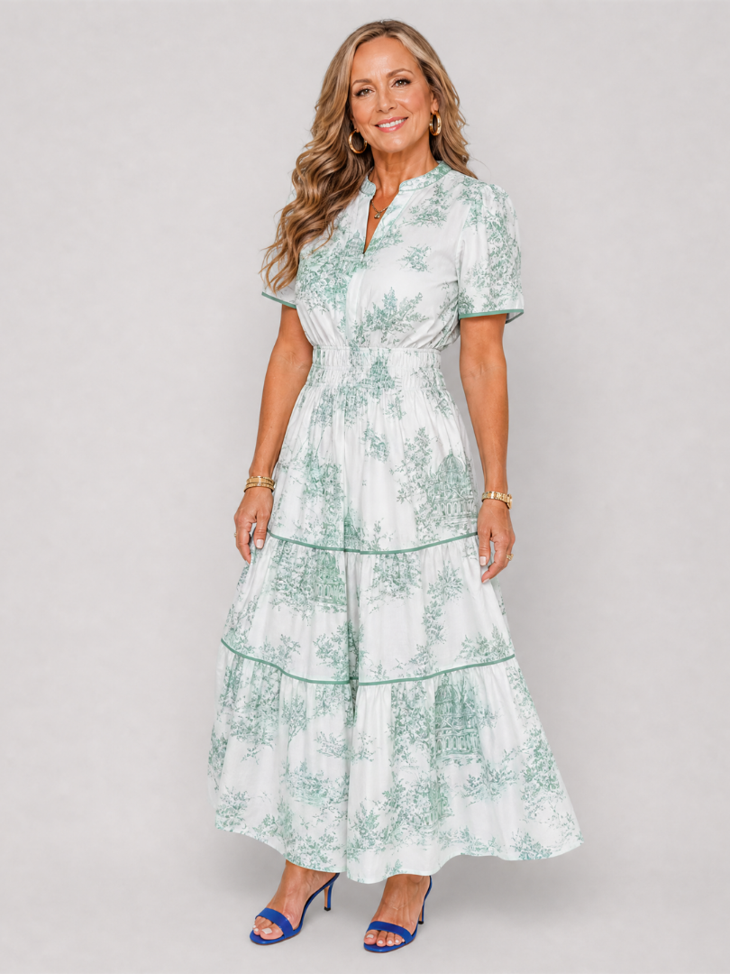 Fiobeth | Printed Short Sleeve Tiered Midi Dress