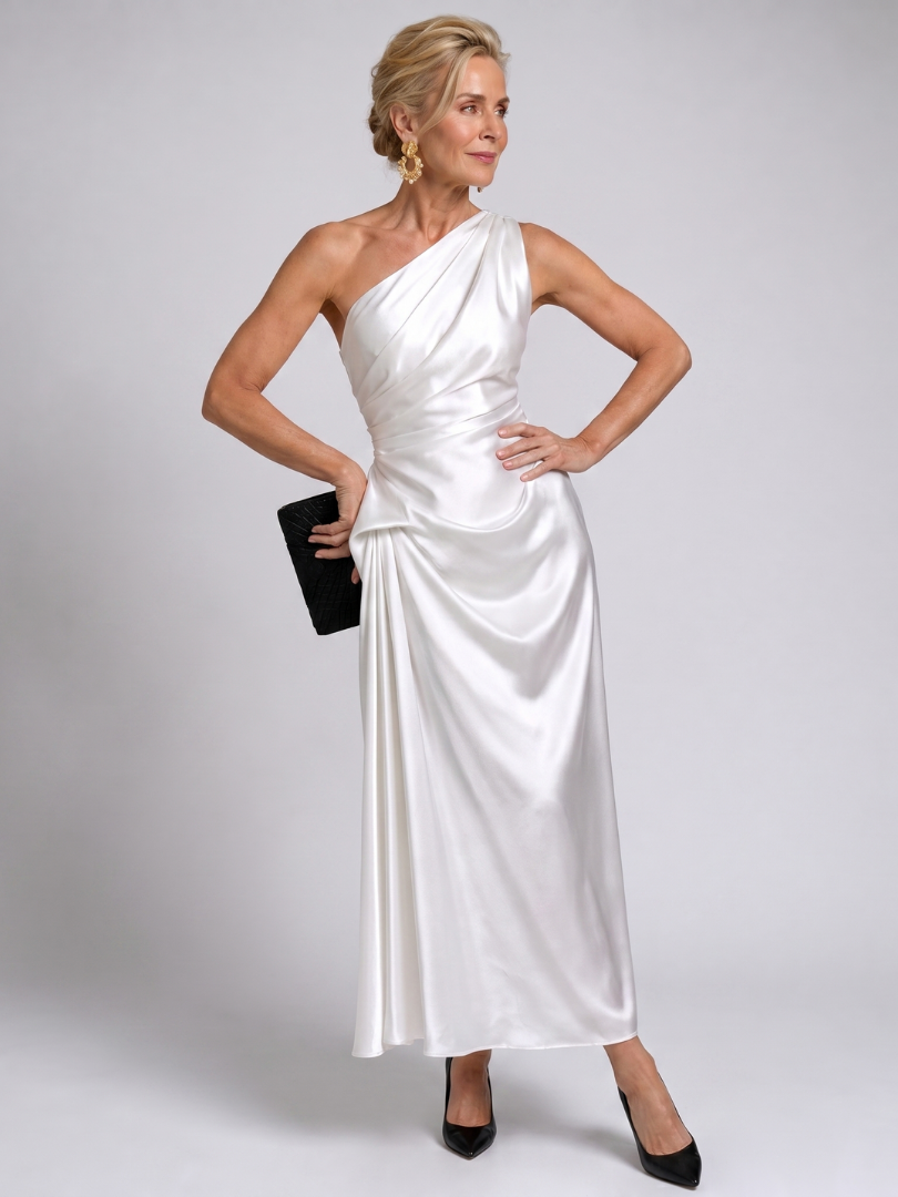 Celna | One Shoulder Draped Satin Midi Dress