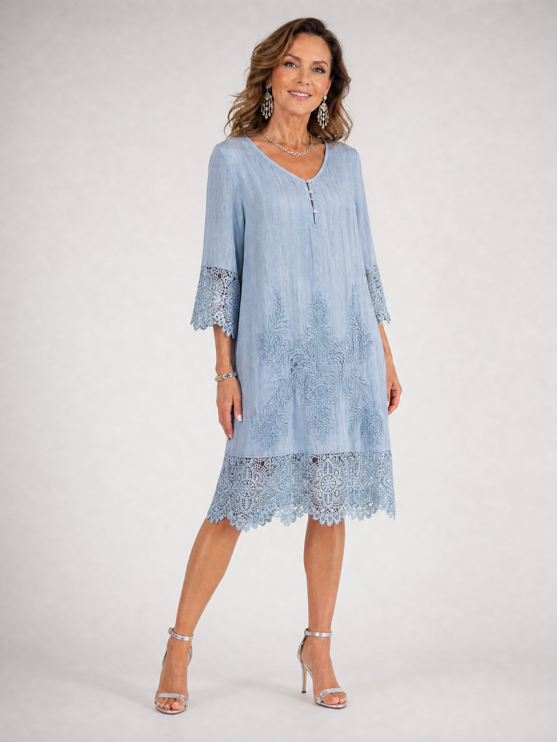 Kalnia | Embroidered Lace Trim Shift Midi Dress