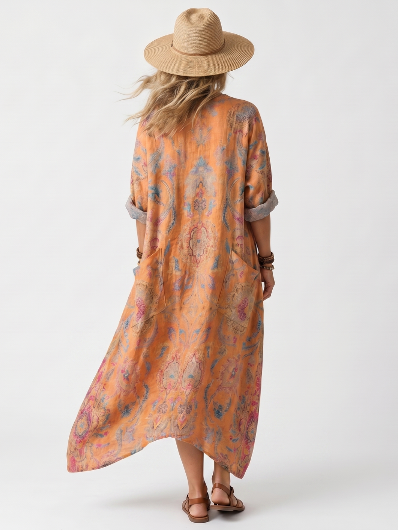 Serna | Notch Neck Printed Oversized Pocket Midi Dress