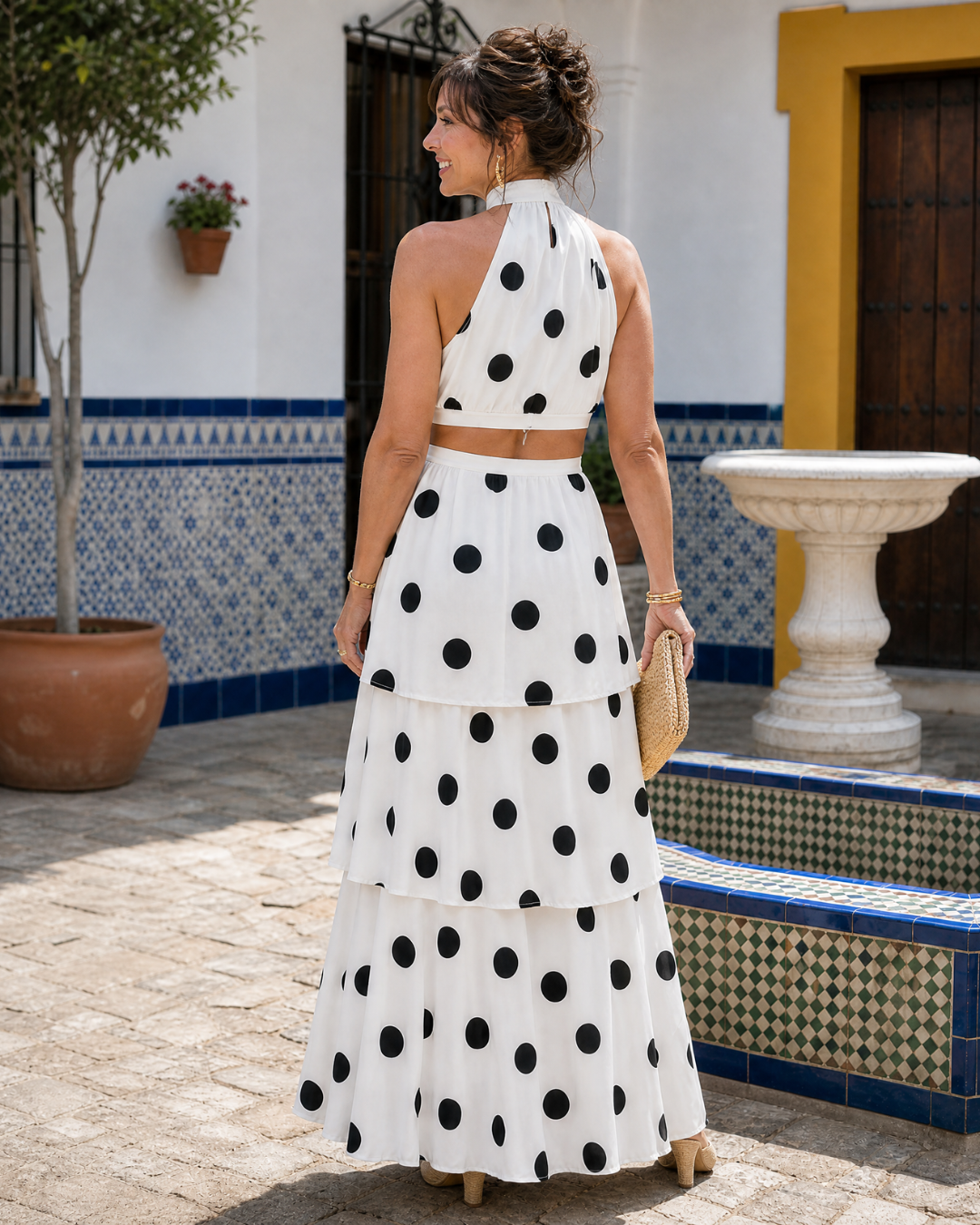 Sennabeth | Polka Dot Halter Top And Tiered Maxi Skirt Set