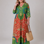 Tesra | Abstract Vintage Print Relaxed Three Quarter Sleeve Midi Dress