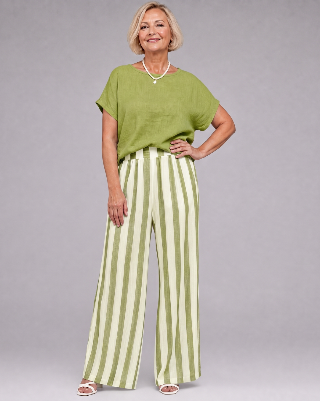 Magdara | Linen Blend Top And Striped Wide Leg Pants Set