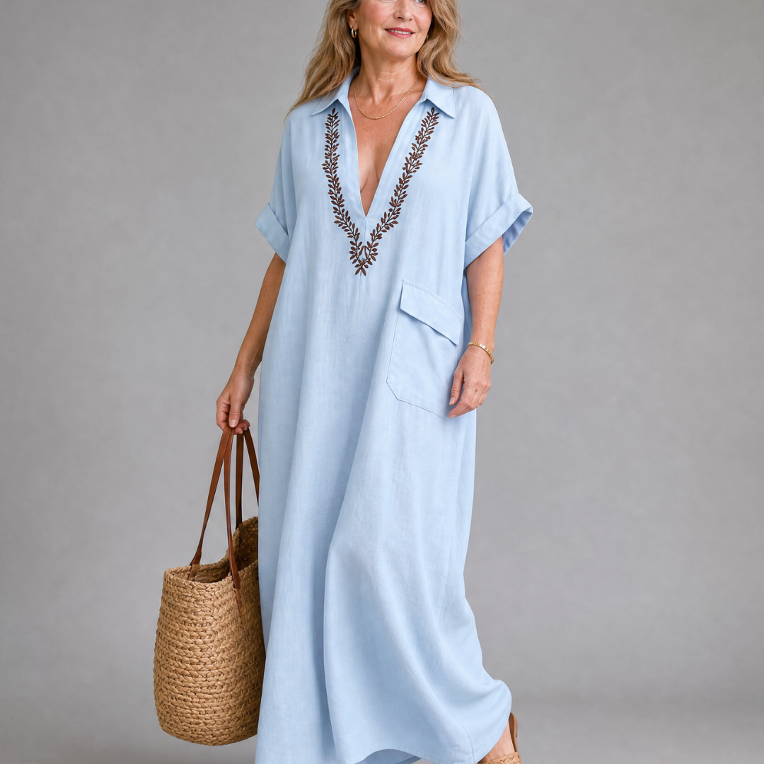 Faera | Embroidered V Neck Pocket Detail Relaxed Midi Dress
