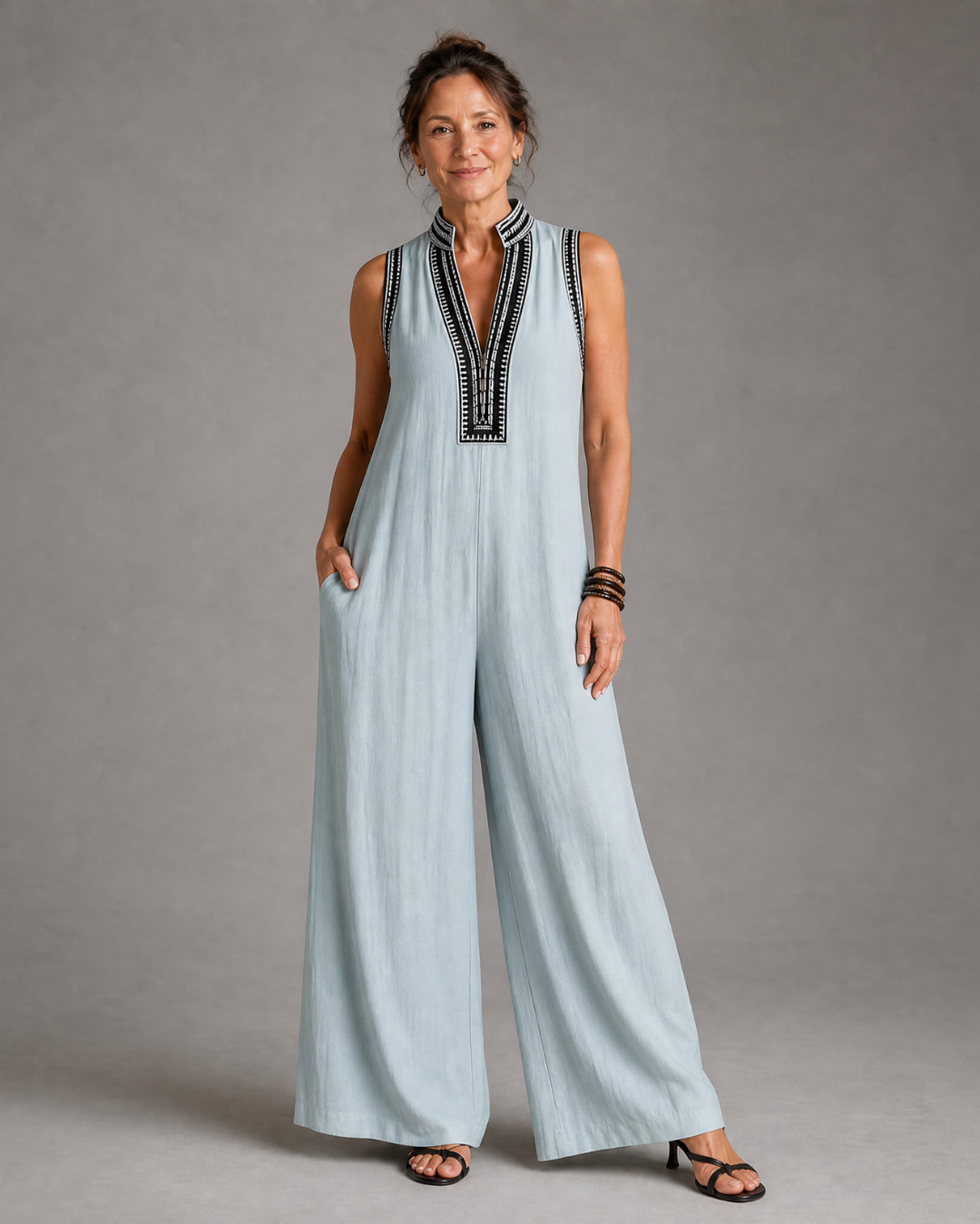 Zarbelle | Embroidered V Neck Sleeveless Wide Leg Jumpsuit