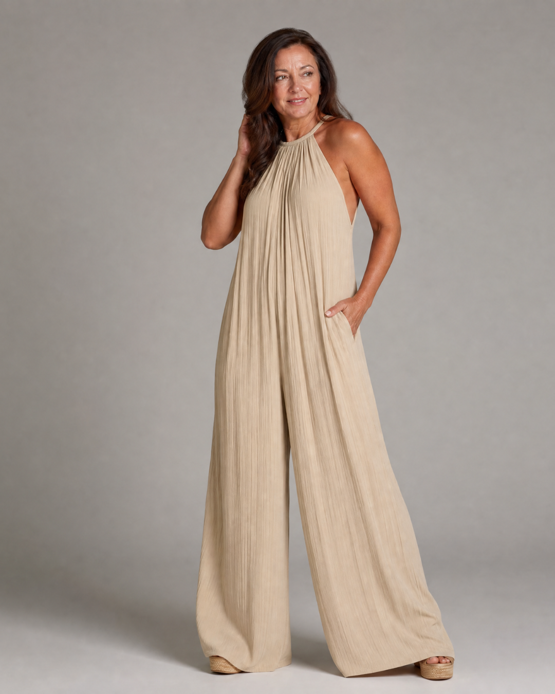 Gretabeth | Pleated Halter Neck Wide Leg Relaxed Jumpsuit