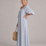 Faela | Striped Off Shoulder Puff Sleeve Midi Dress