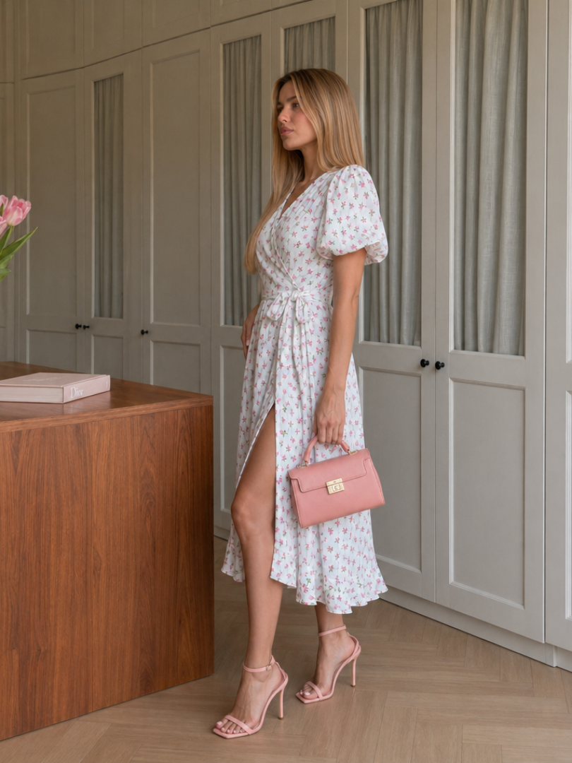 Gretamarie | Short Sleeve Wrap Floral Print Midi Dress