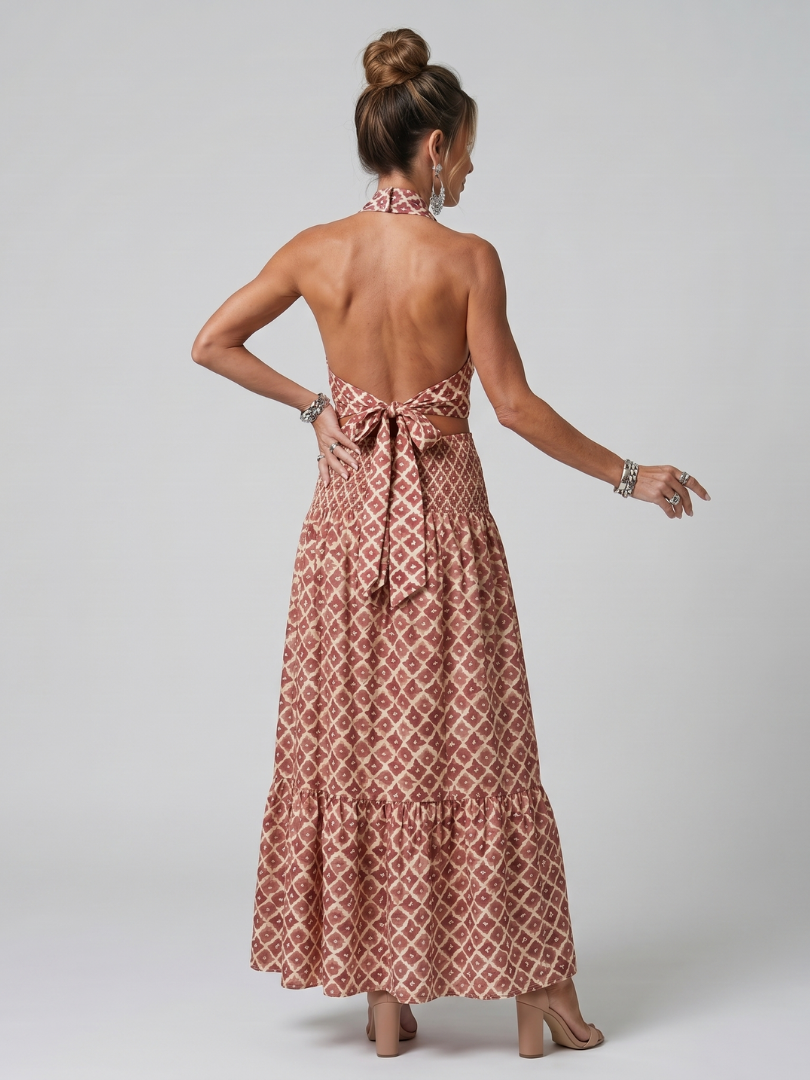 Vidarin | Cross Halter Geometric Print Cutout Midi Dress